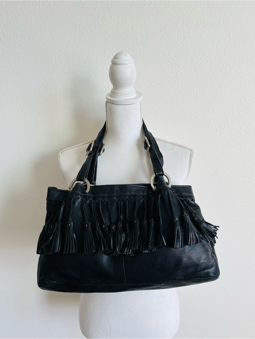 Black Fringe Leather Tote Bag - Women's